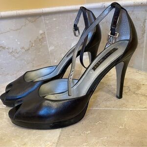 Nine West Black Leather Heels Peep Toe Ankle Strap